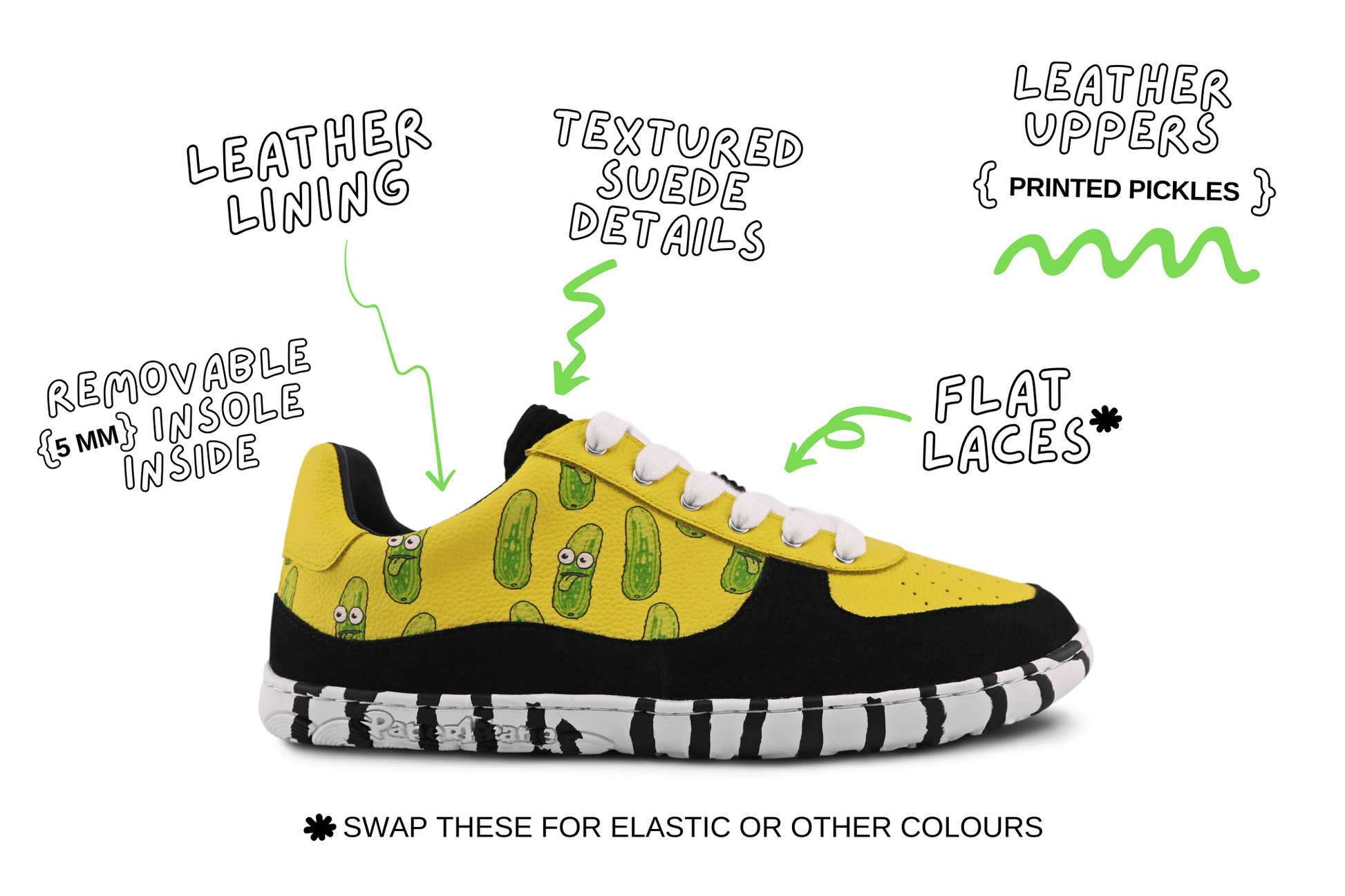 SIDE VIEW OF PICKLE LOWS ADULT SIZES WITH BAREFOOT SHOE DETAILS