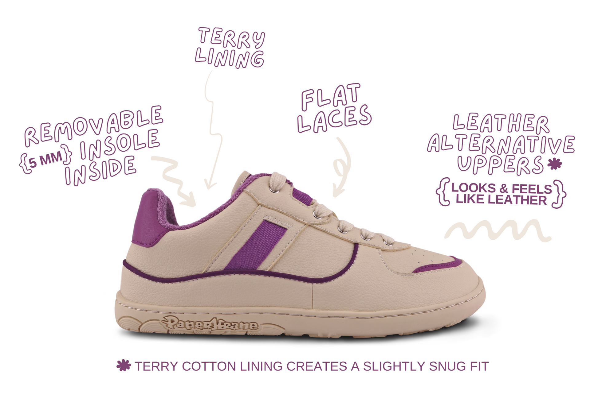 SIDE VIEW OF PLUM BAREFOOT SNEAKERS WITH SHOE DETAILS