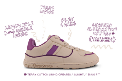 SIDE VIEW OF PLUM BAREFOOT SNEAKERS WITH SHOE DETAILS