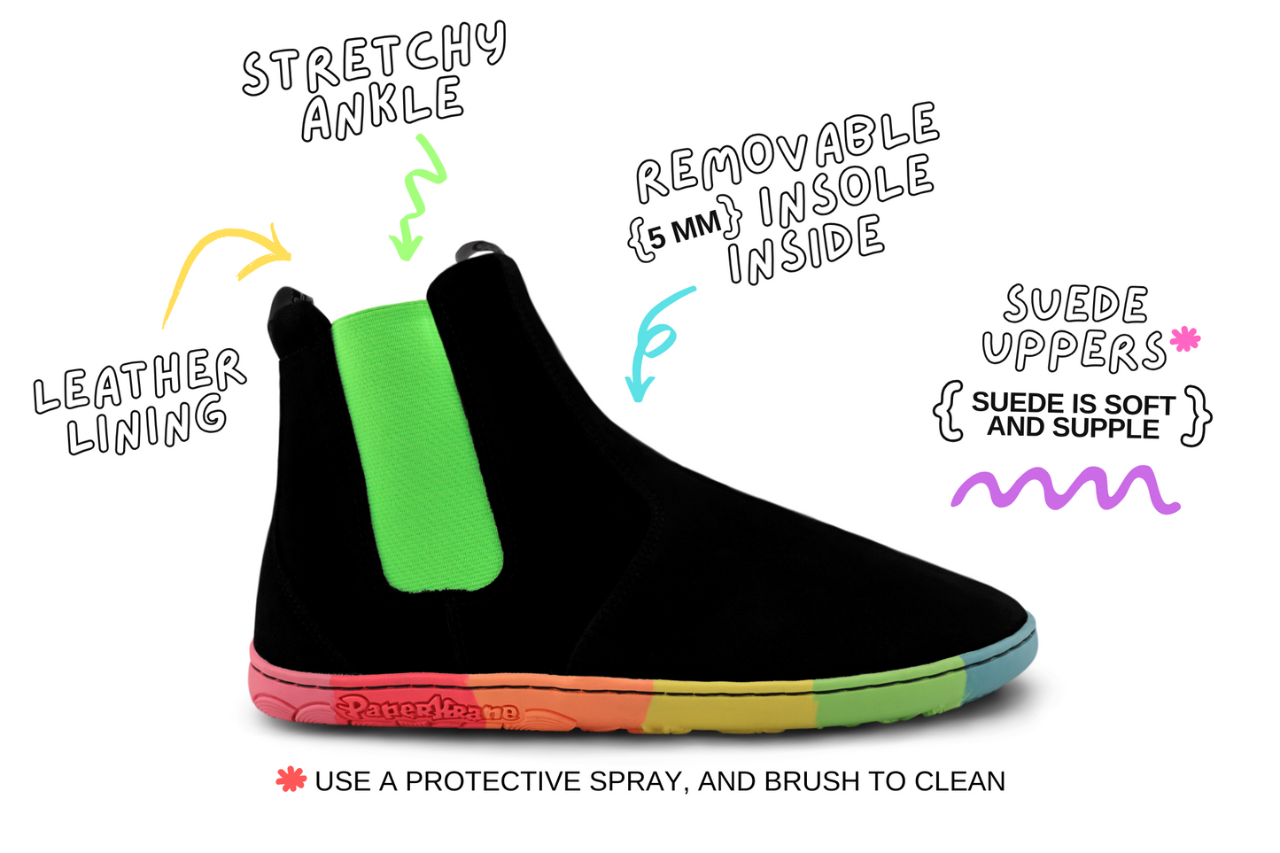 SIDE VIEW OF SKITTLE NEON BAREFOOT CHELSEA BOOTS WITH DETAILS