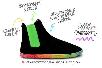 SIDE VIEW OF SKITTLE NEON BAREFOOT CHELSEA BOOTS WITH DETAILS