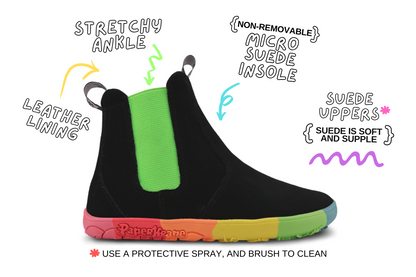 SIDE VIEW OF SKITTLE NEON JNR CHELSEA BOOTS, WITH BAREFOOT DETAILS