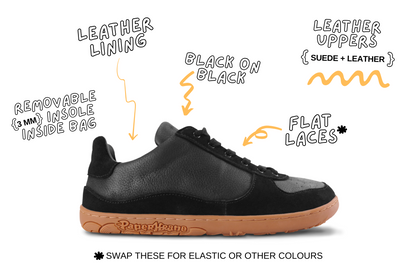 SIDE VIEW OF DOUBLE DARK BAREFOOT SNEAKER WITH SHOE DETAILS