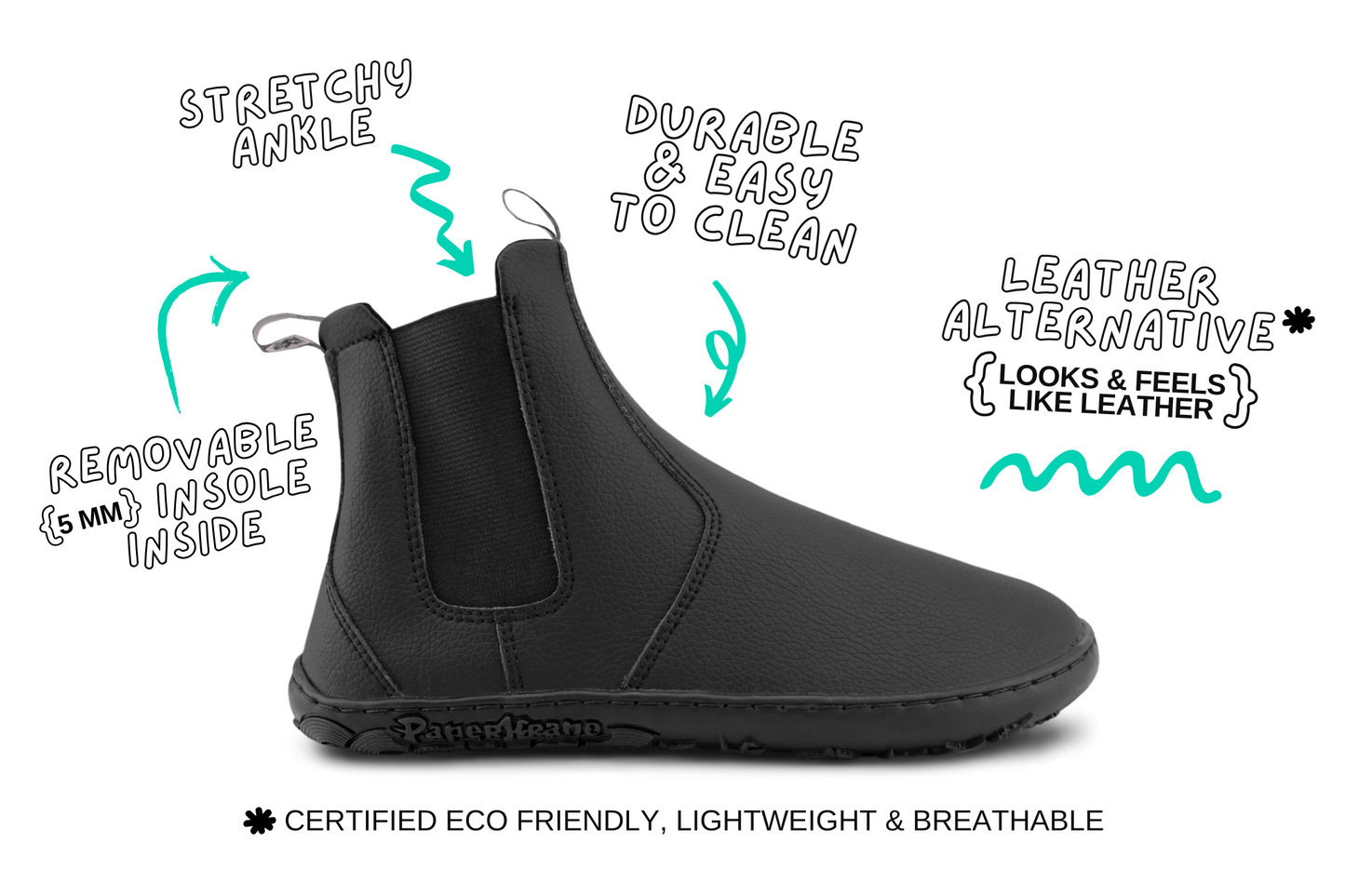 SLICK BOOT SIDE VIEW WITH BAREFOOT CHELSEA BOOT DETAILS