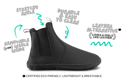 SLICK BOOT SIDE VIEW WITH BAREFOOT CHELSEA BOOT DETAILS