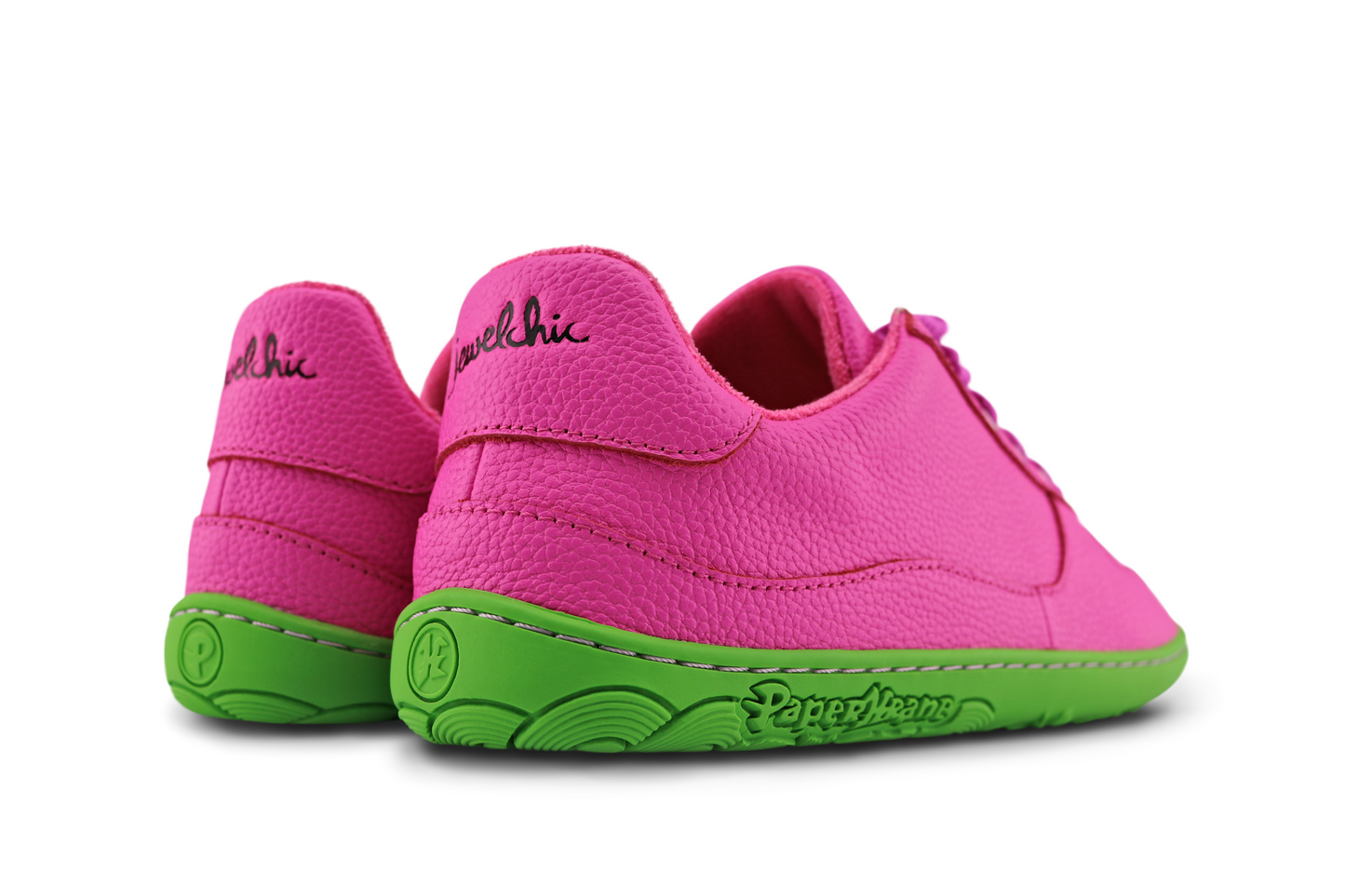 BACK VIEW OF BUBBLE LOW SNEAKERS - BRIGHT PINK AND GREEN BAREFOOT SNEAKERS BY PAPERKRANE AND JEWELCHIC