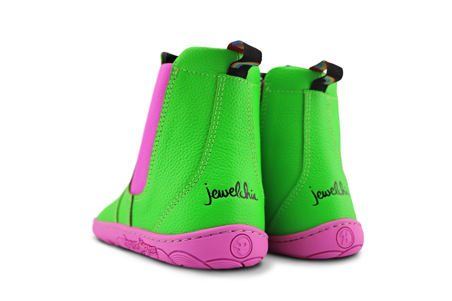 BACK VIEW OF GREEN BOOTS ON PINK SOLE WITH JEWELCHIC LOGO