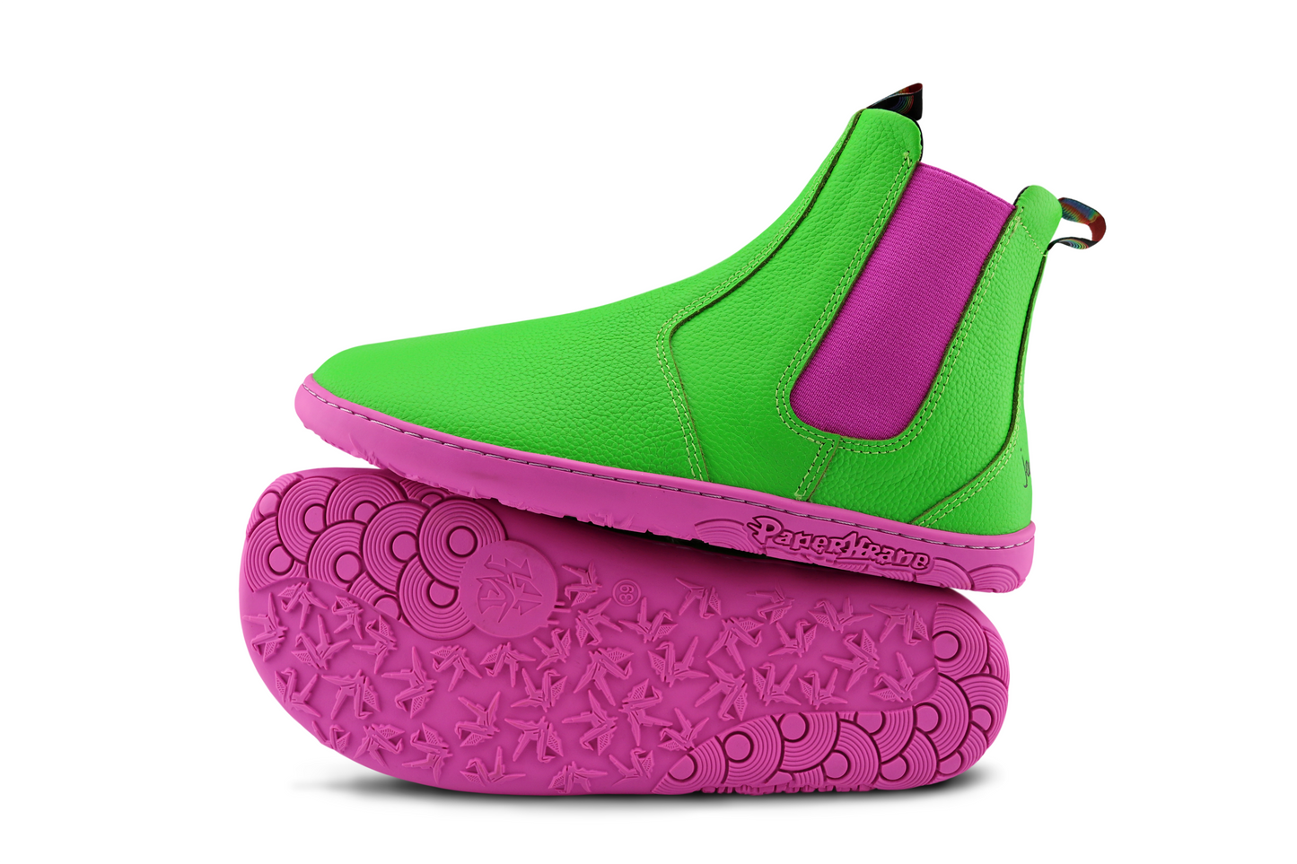 GREEN BOOT ON PINK SOLE, SIDE VIEW