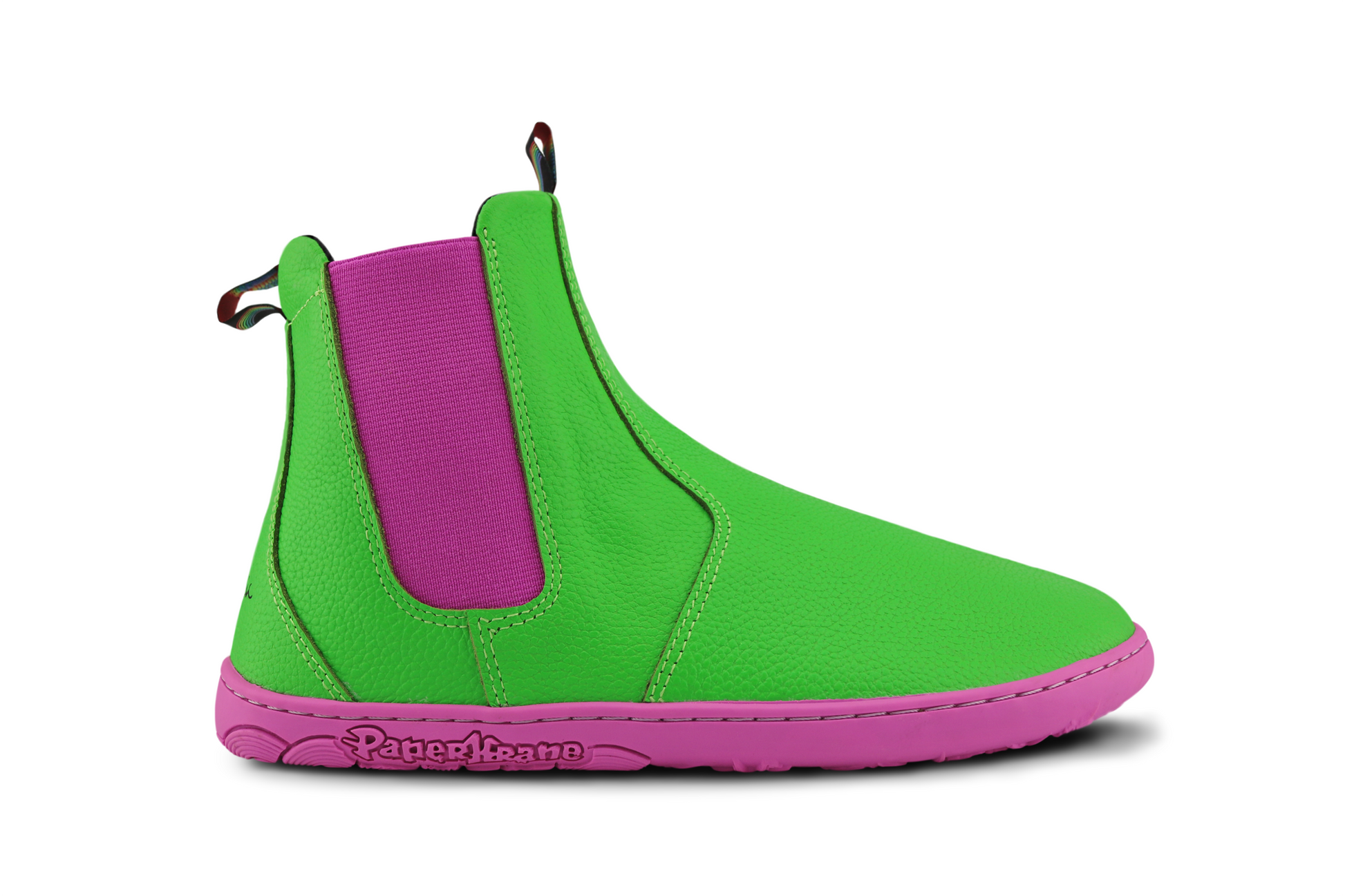 SIDE VIEW OF EMERALD GREEN BOOT WITH PINK SOLE