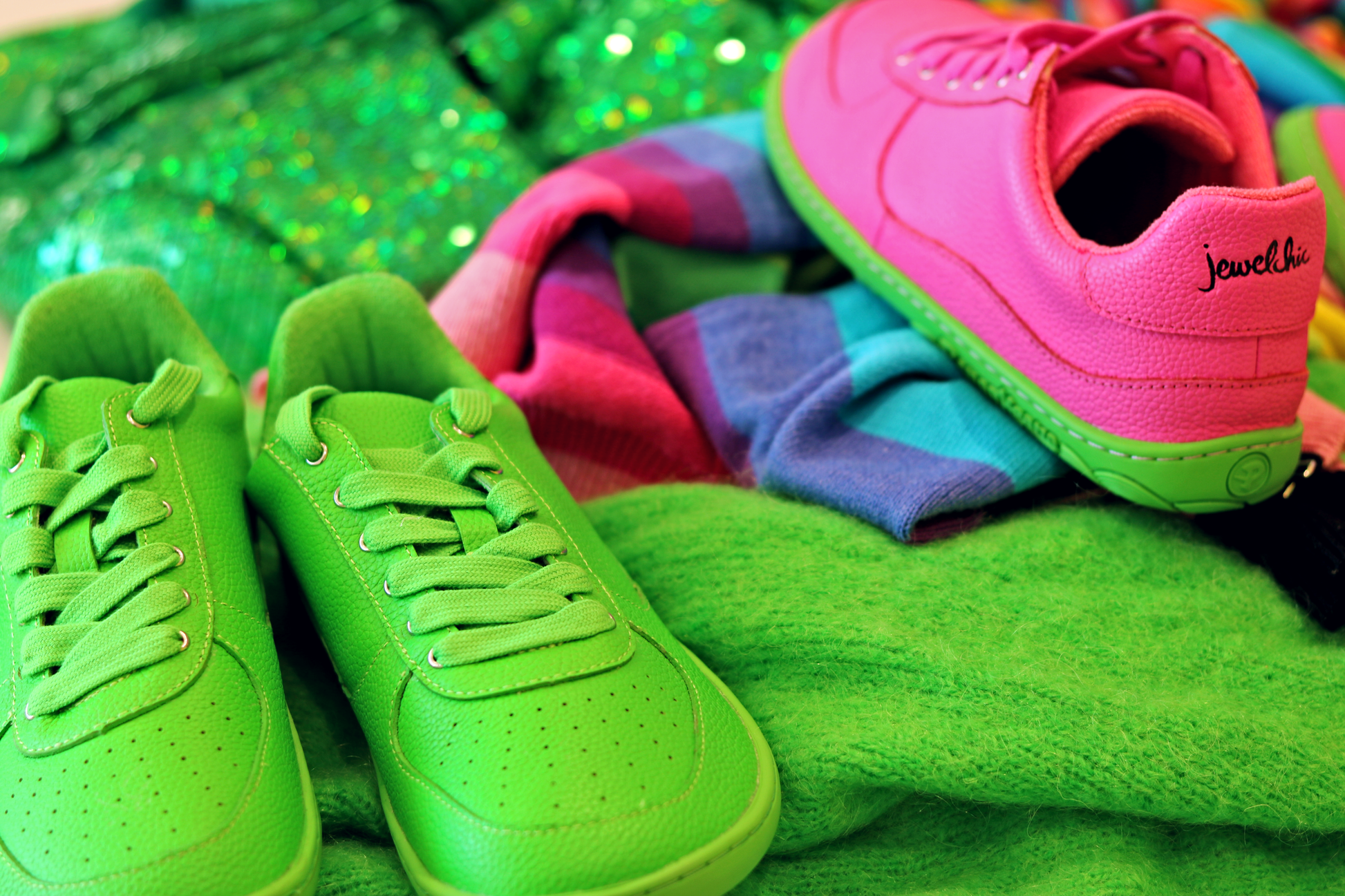 GREEN AND PINK SNEAKERS ON TOP OF JEWELCHIC RAINBOW CLOTHES