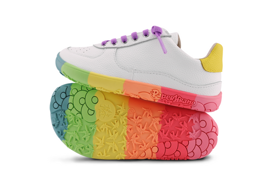 SIDE AND SOLE VIEW OF NEON LOWS JNR ON PAPERKRANE RAINBOW SOLE