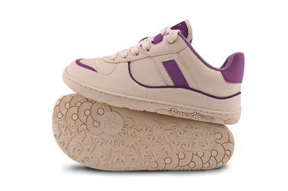 Side and sole view of PLUM sneaker, in cream vegan leather with purple details. 