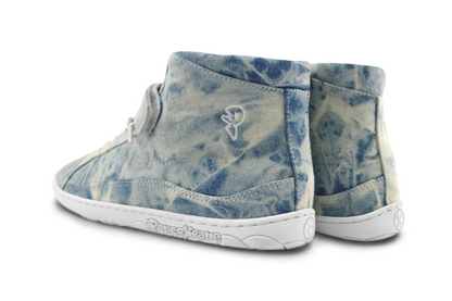 Back view of STONEWASH mid top boots - blue tie dye on cream canvas. Embossed PK logo on side.